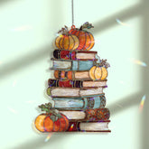 Pumpkin Books Acrylic Suncatcher, Stained Glass Style Stack of Books with Autumn Pumpkins Window Hanging, Fall Reader Home Décor Gift